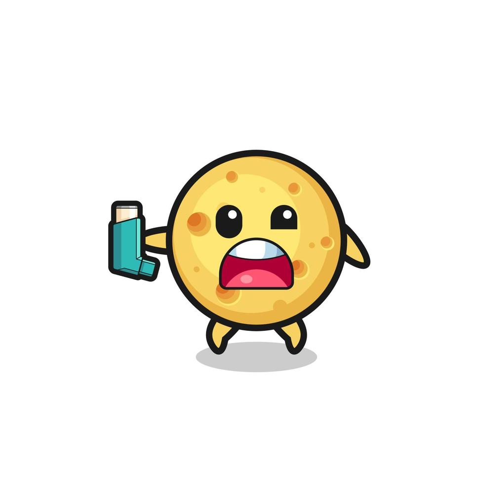 round cheese mascot having asthma while holding the inhaler vector
