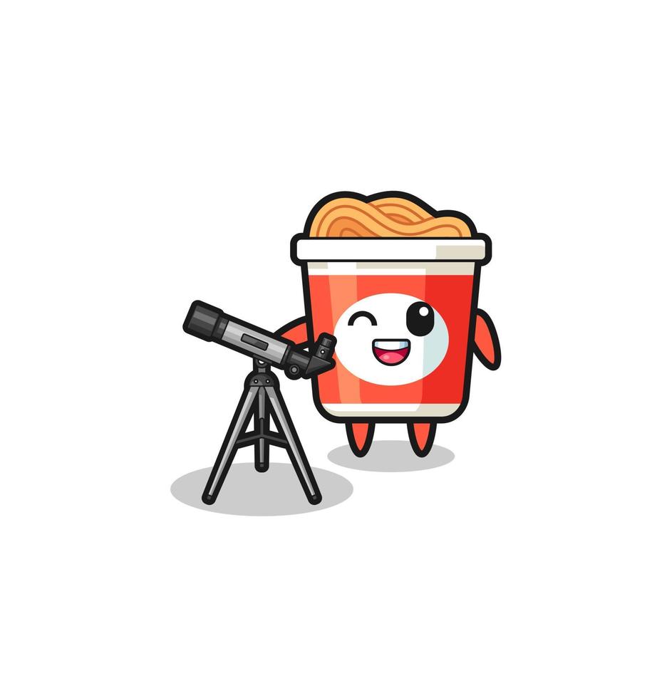 mascota de astrónomo de fideos instantáneos con un telescopio moderno vector