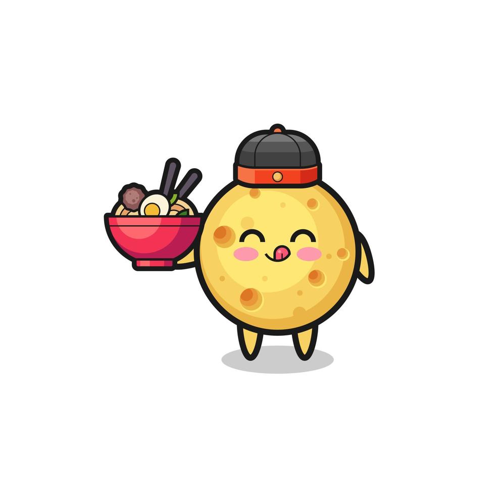 round cheese as Chinese chef mascot holding a noodle bowl vector