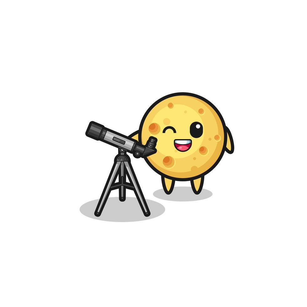 round cheese astronomer mascot with a modern telescope vector