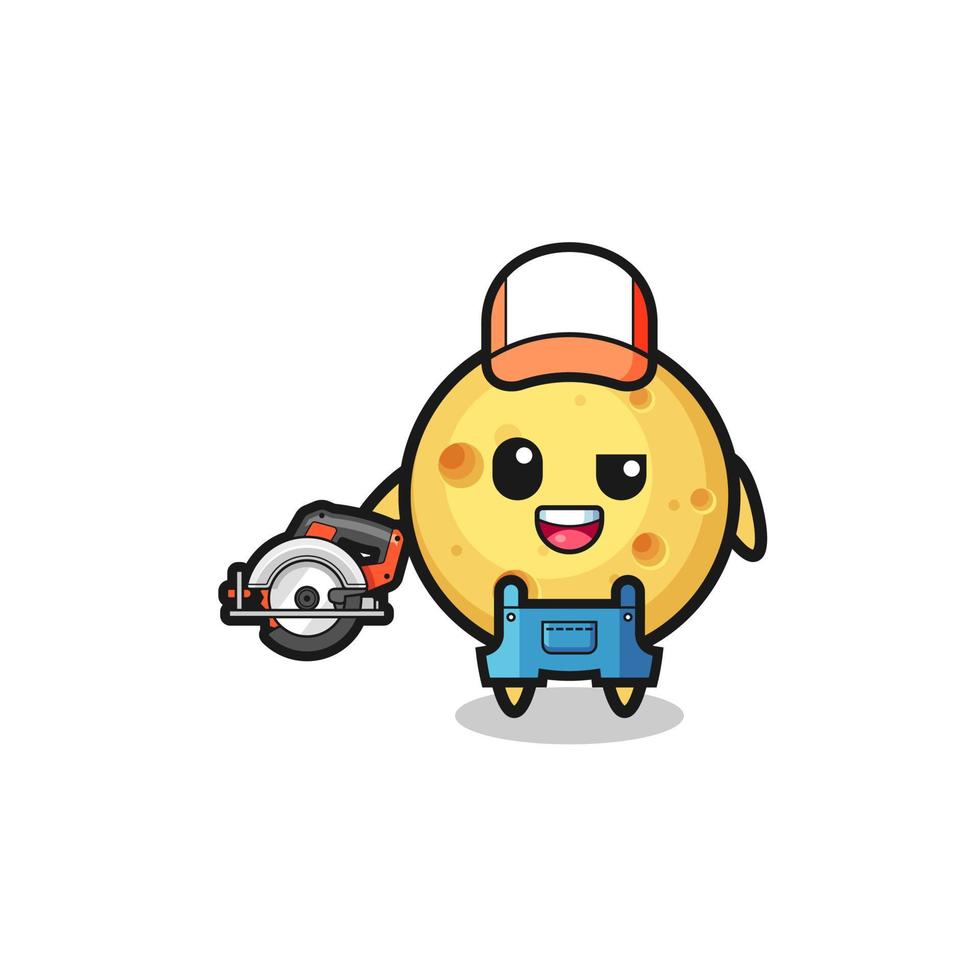 the woodworker round cheese mascot holding a circular saw vector