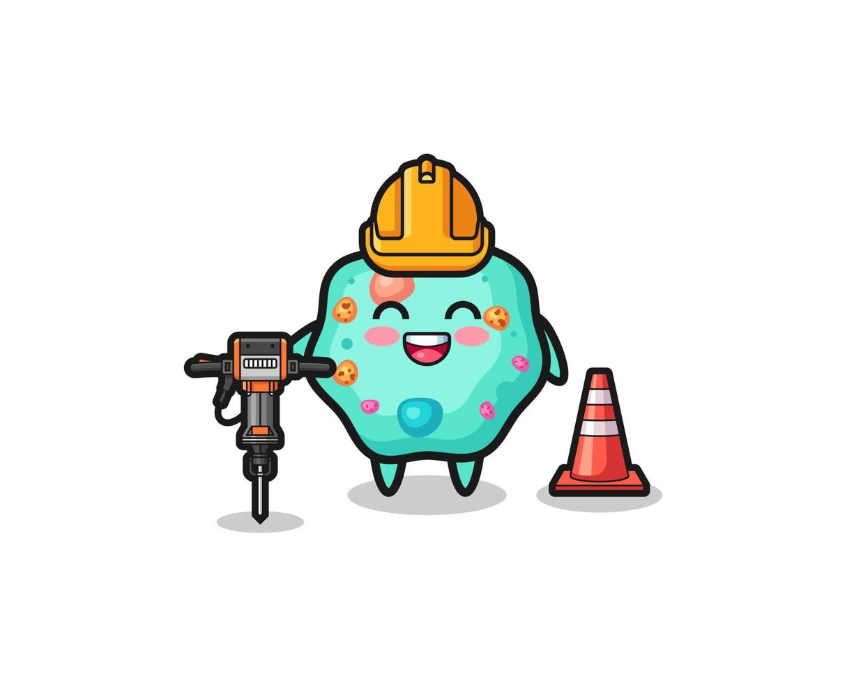 road worker mascot of amoeba holding drill machine vector