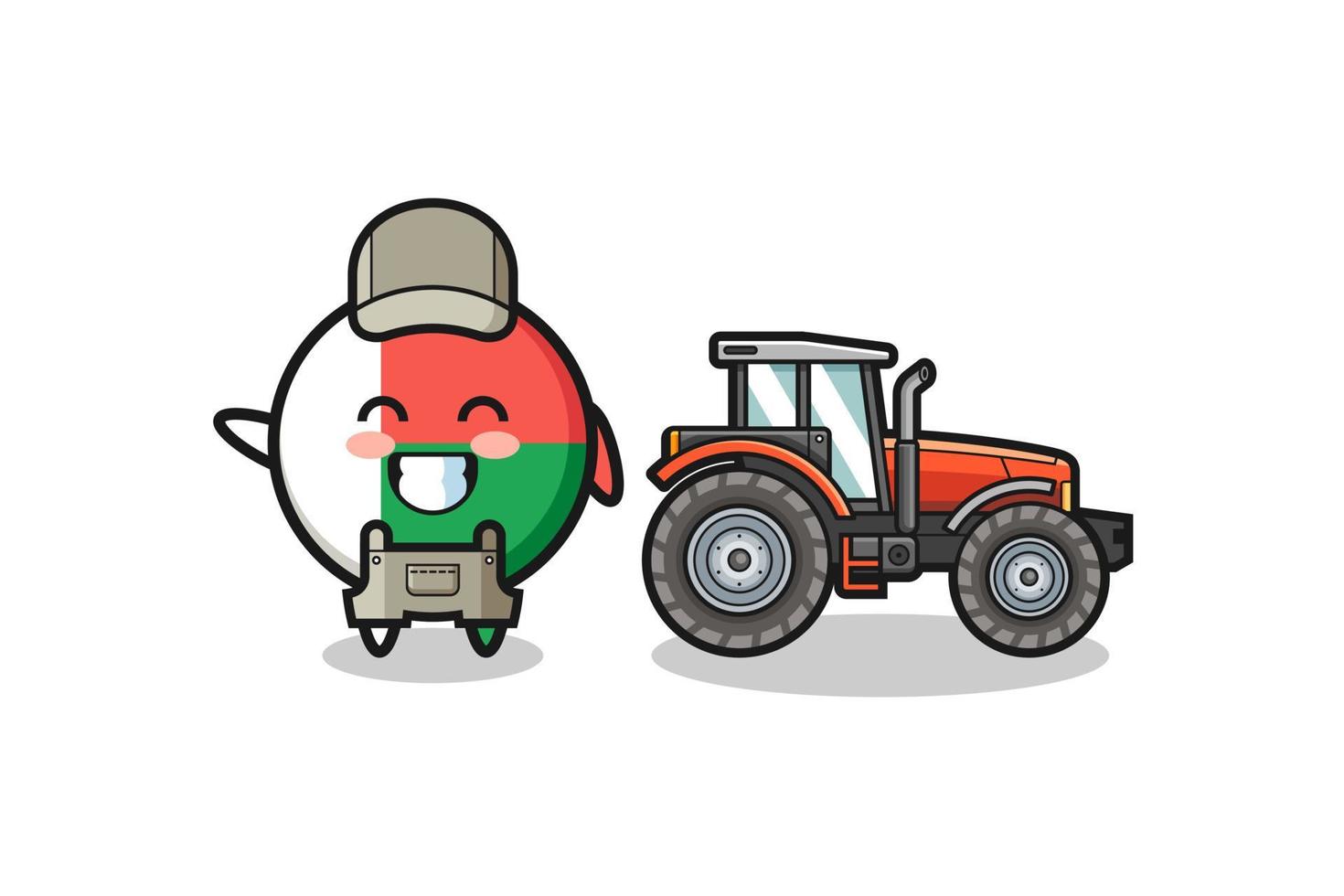 the madagascar flag farmer mascot standing beside a tractor vector