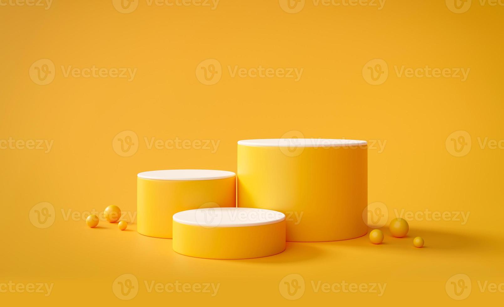 Yellow and white cylinder pedestal product display stand or podium on yellow background 3D rendering photo