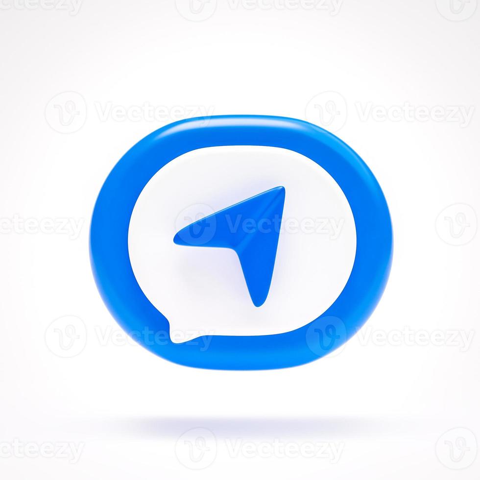 Navigation address location direction icon sign symbol button on blue speech bubble on white background 3D rendering photo