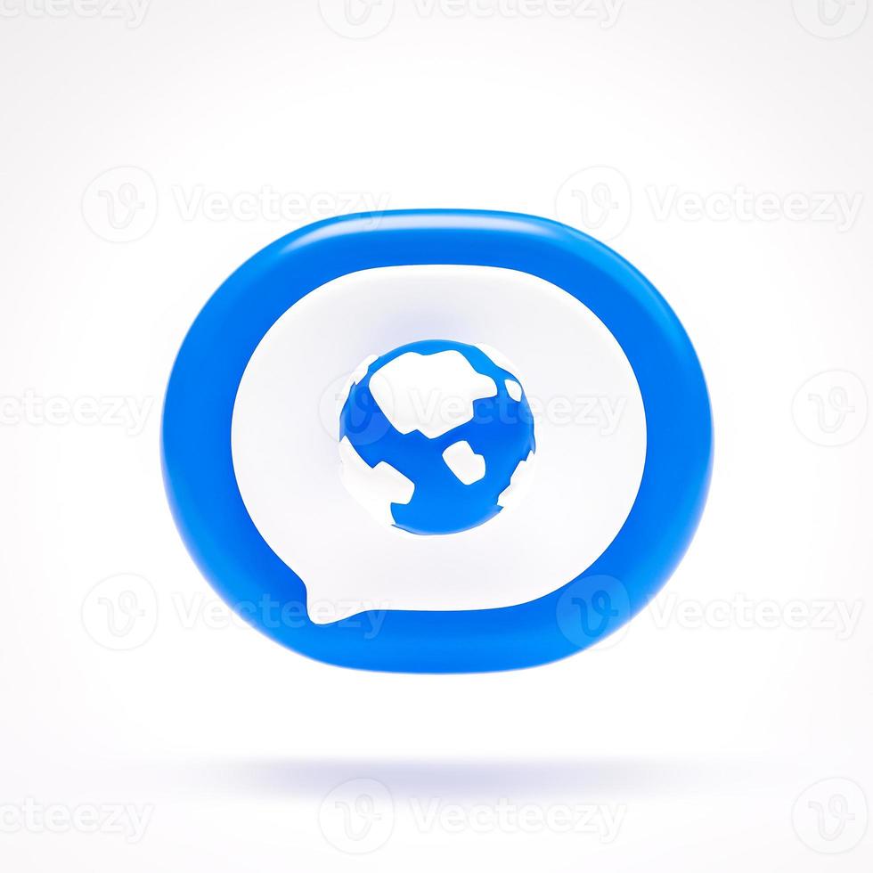 Earth globe internet icon sign symbol button on blue speech bubble on white background 3D rendering photo