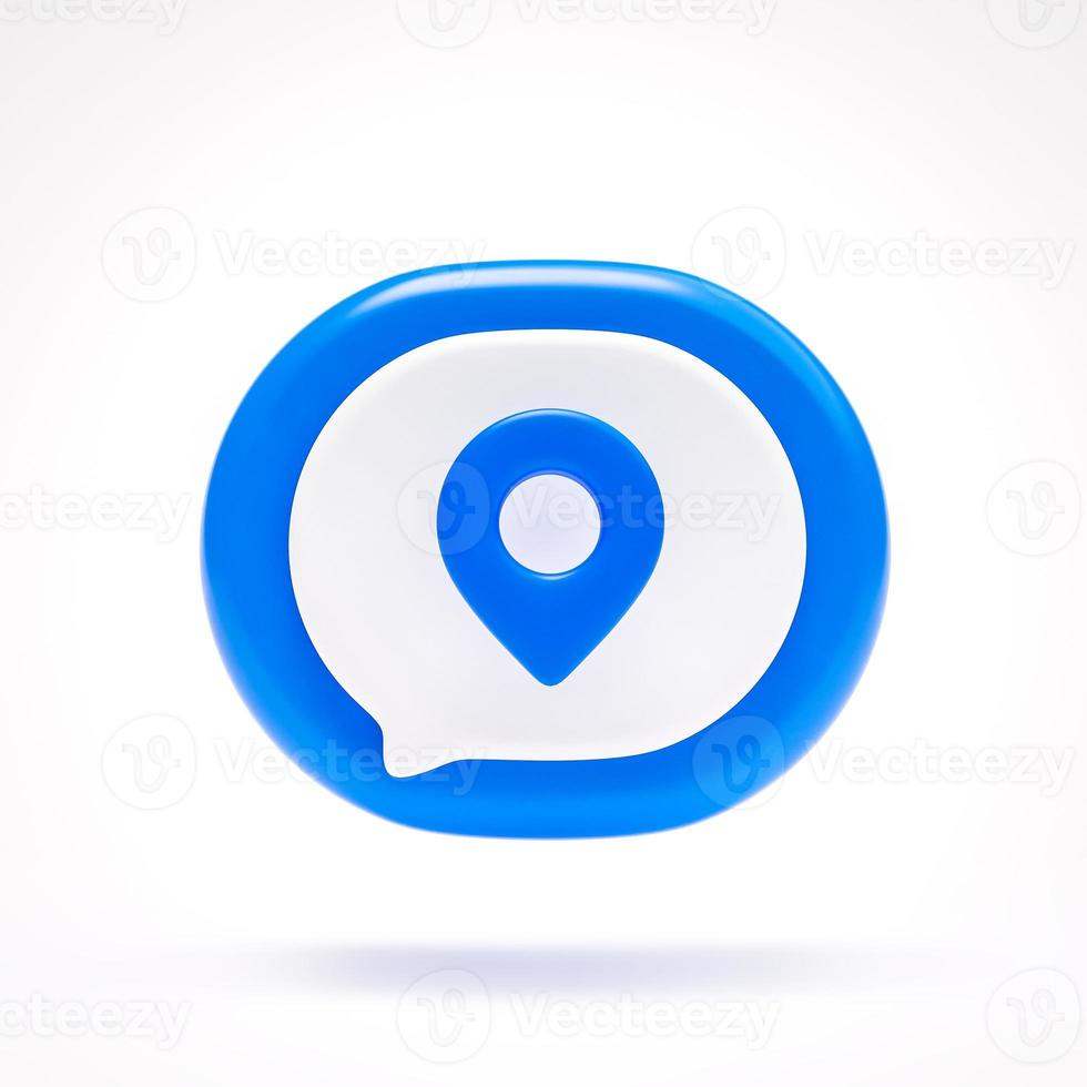 Pin navigation map location icon sign symbol button on blue speech bubble on white background 3D rendering photo