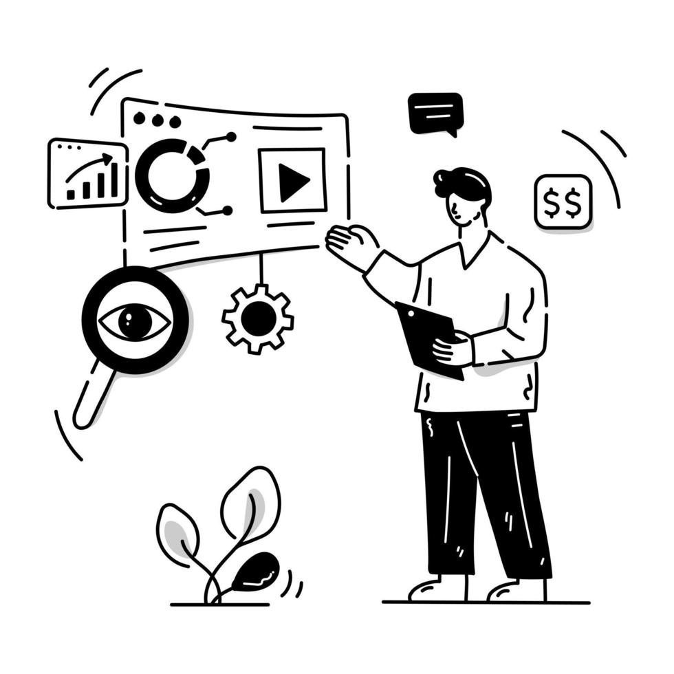 Person monitoring chart, concept of SEO analytics character illustration vector