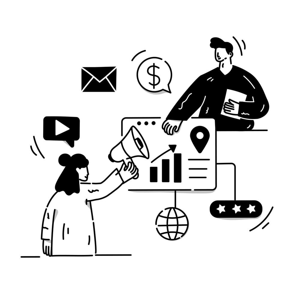A hand drawn vector illustration of mobile advertising