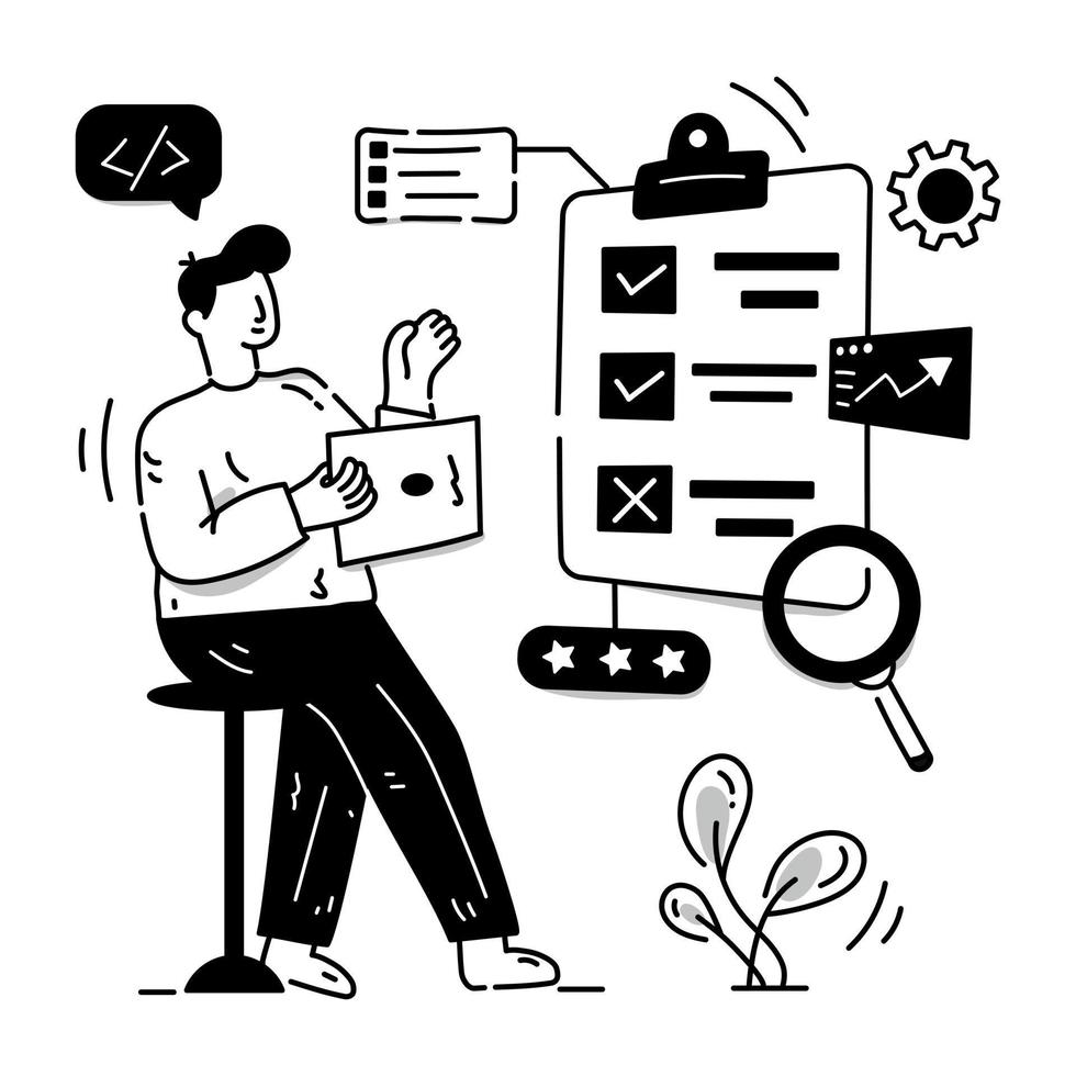 Person monitoring data chart with magnifier, hand drawn illustration of digital testing vector