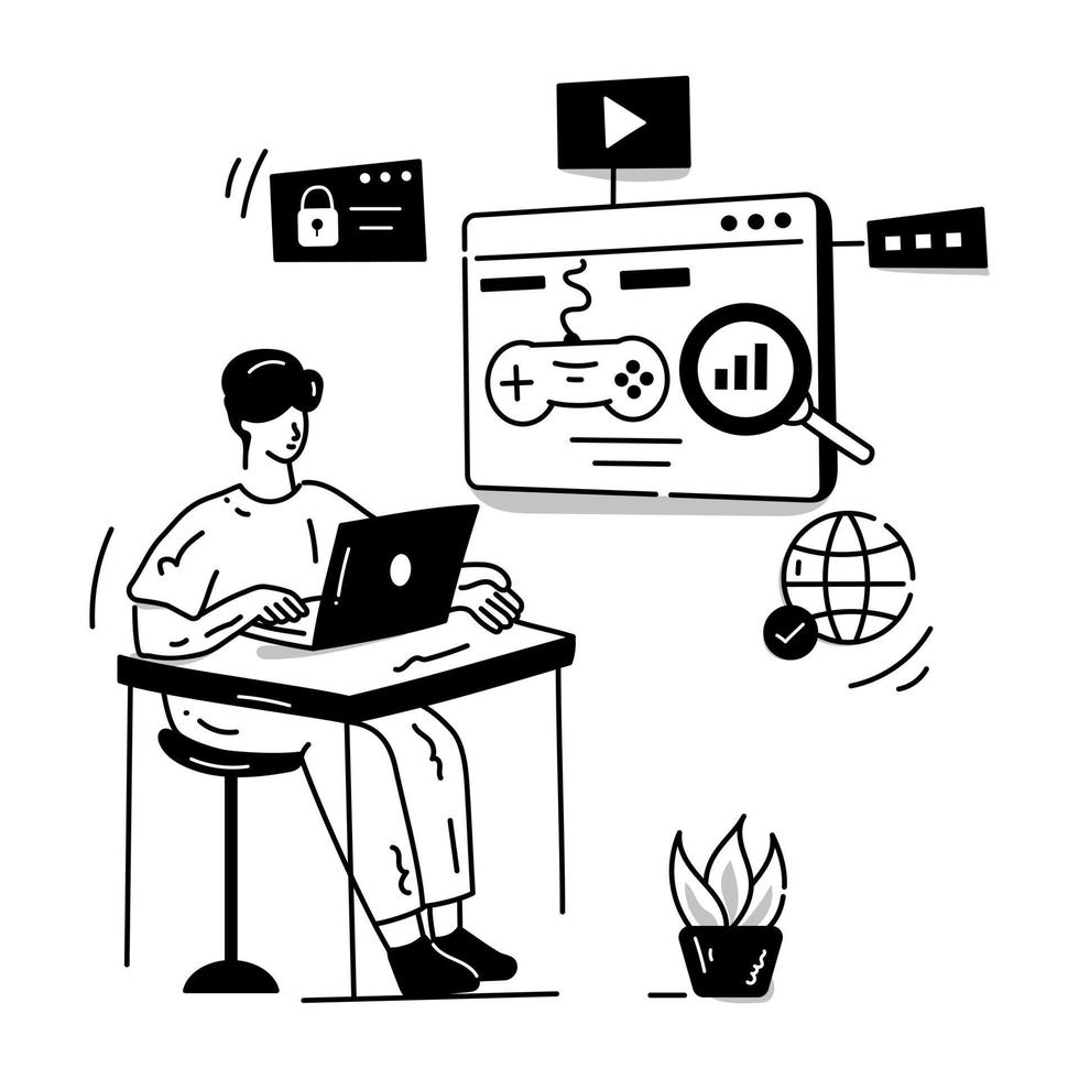 Online data monitoring, hand drawn illustration of remote services vector