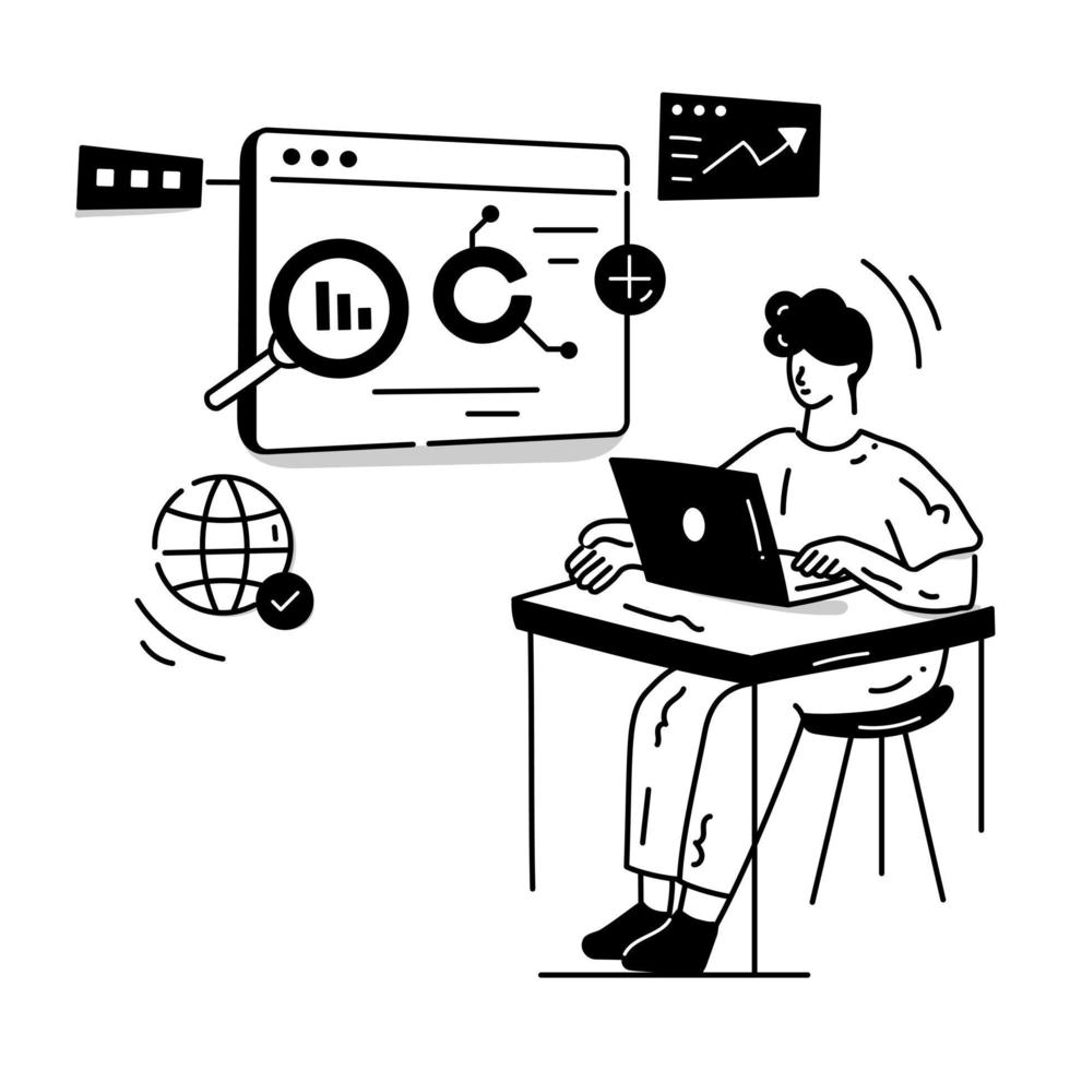 Person monitoring chart, concept of SEO analytics character illustration vector