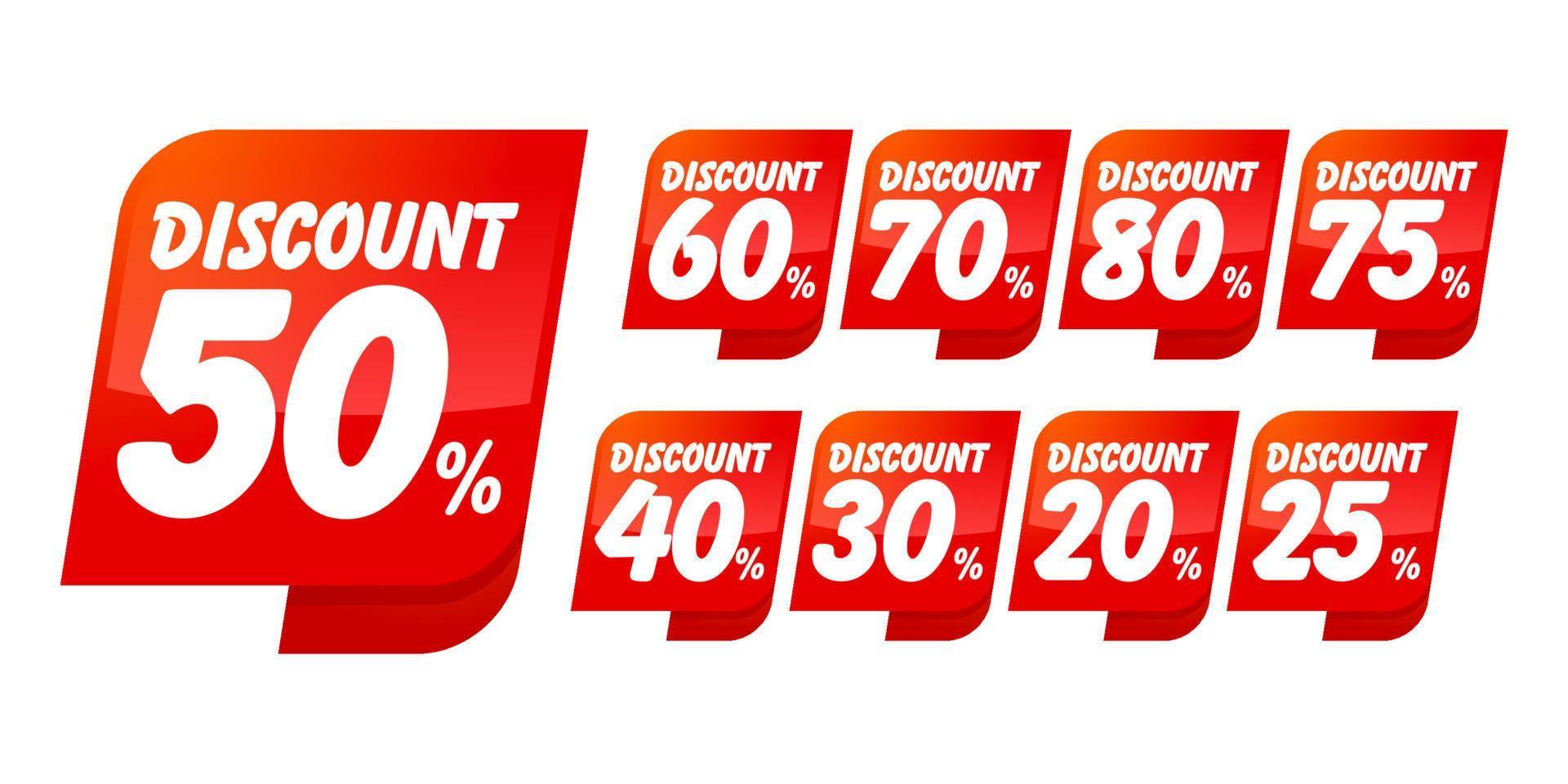 Discount red promotion sticker badge set. Sale Marketing promotional material with different price cut percent, best offer label vector illustration isolated on white background