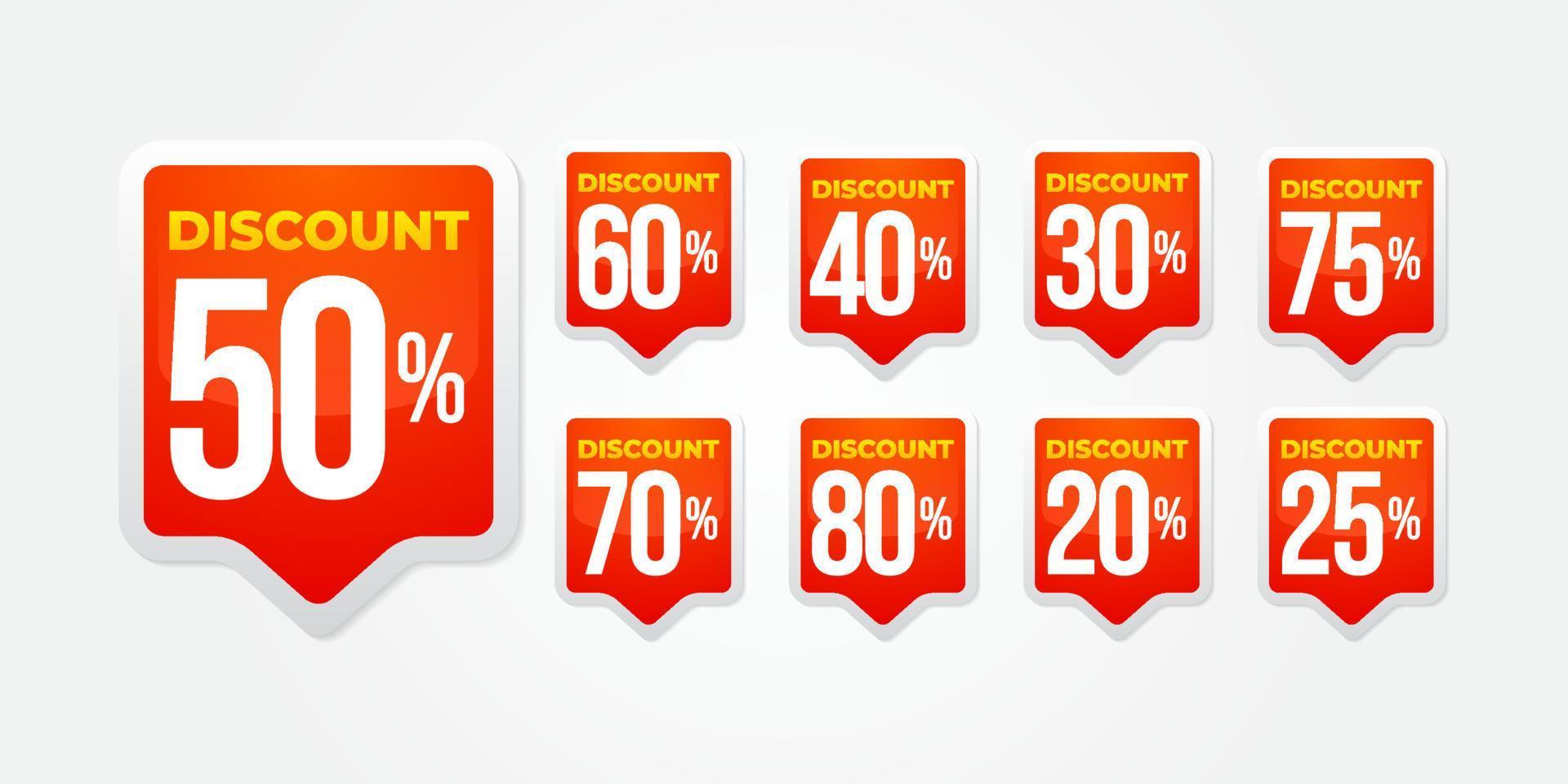 Discount red promotion sticker badge set. Sale Marketing promotional material with different price cut percent, best offer label vector illustration isolated on white background