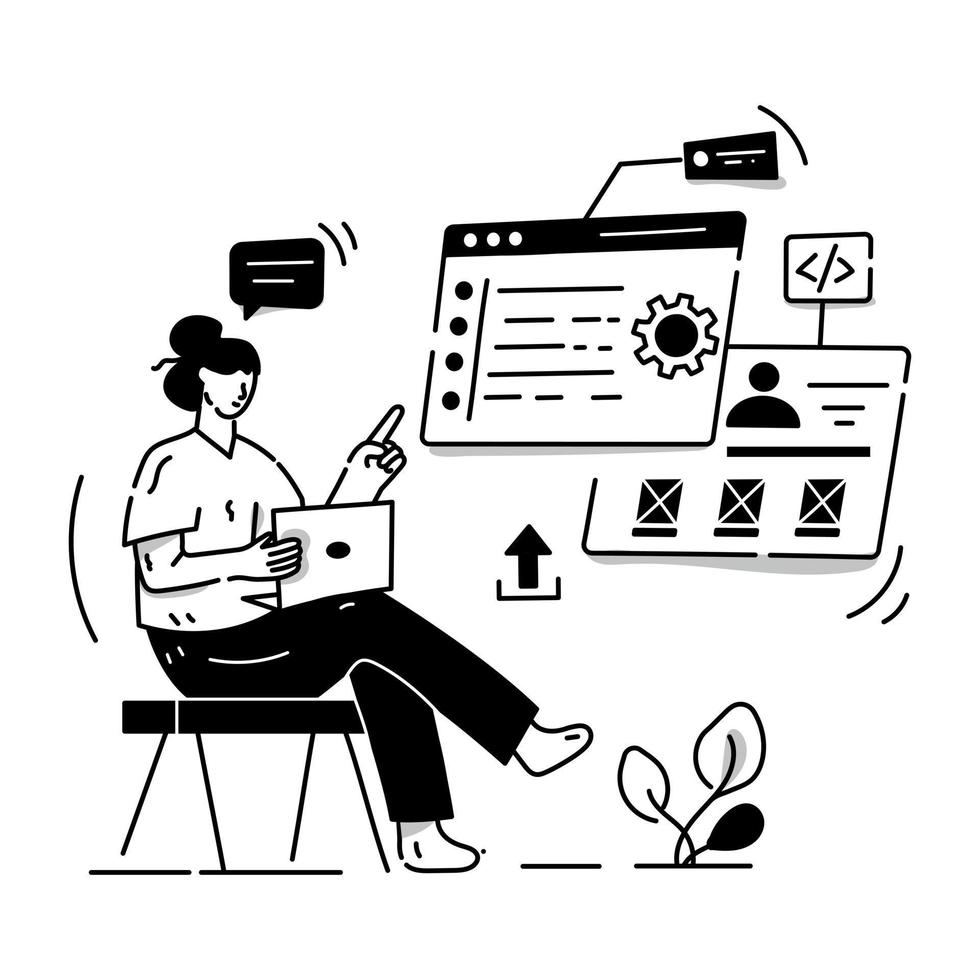 Person monitoring data chart with magnifier, hand drawn illustration of digital testing vector