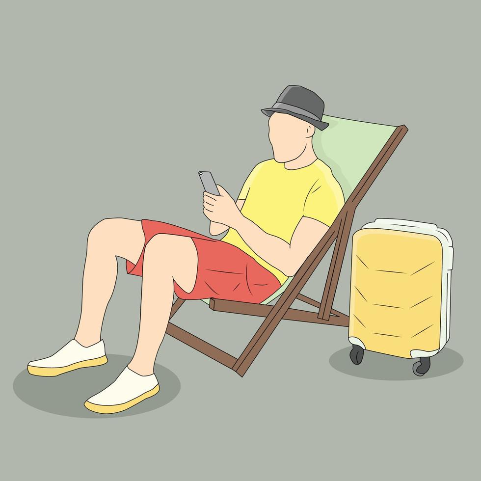 A man is sitting holding a handphone and a suitcase beside him vector