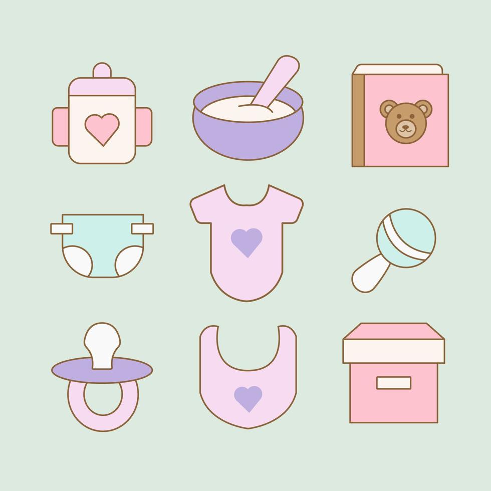 Baby equipment icon bundles isolated on soft green background. vector