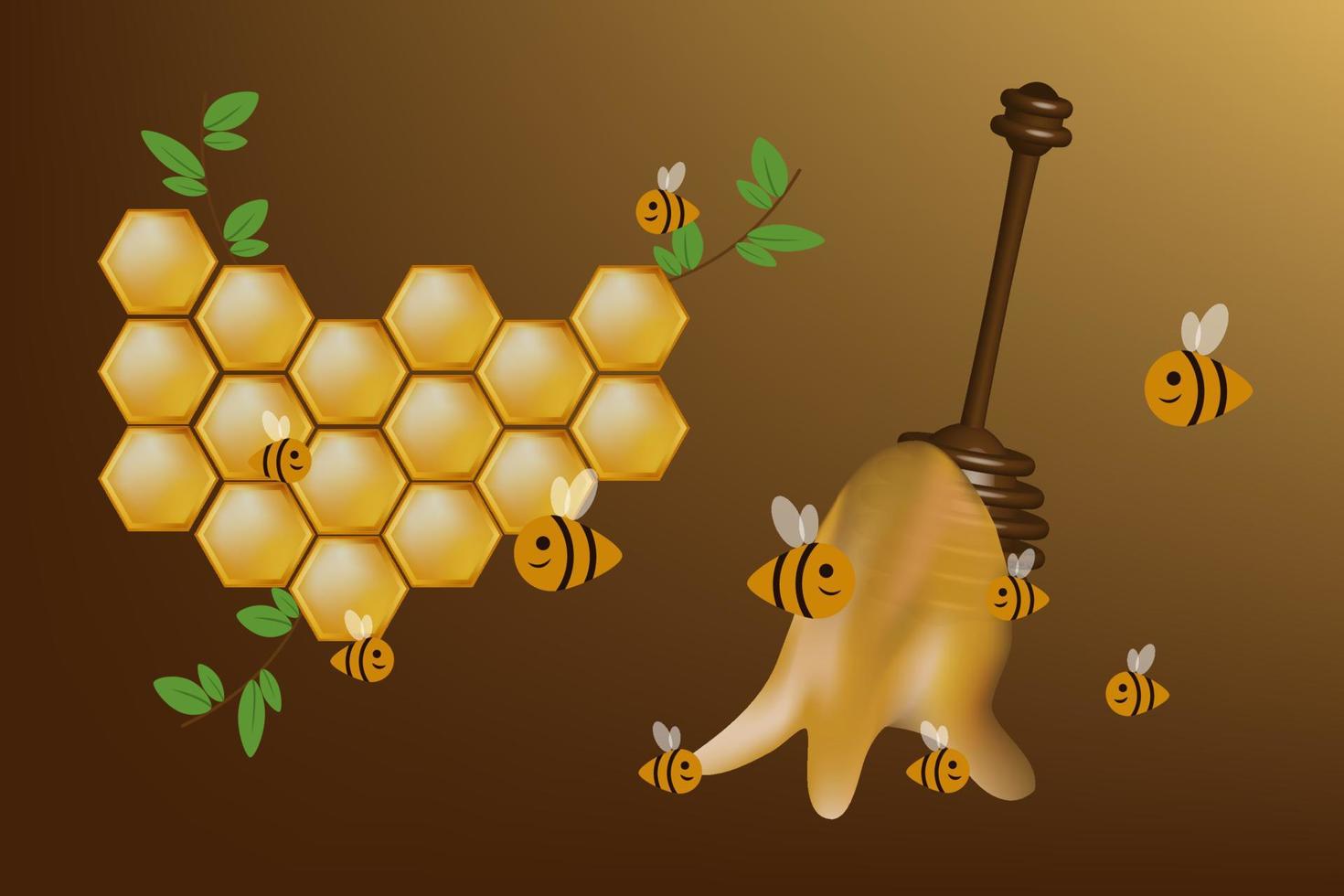 Working bees on honey cells isolated on dark background. Vector illustration