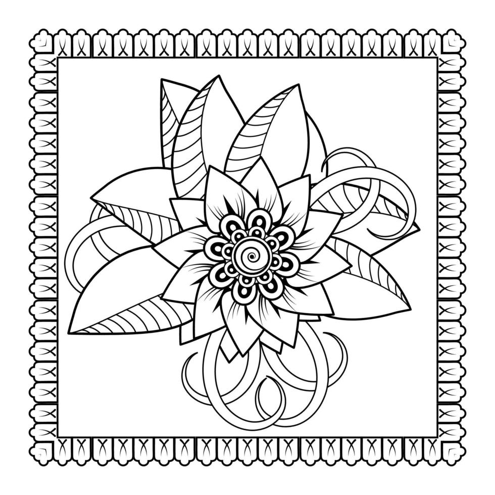 flor mehndi para henna, mehndi, tatuaje, decoración. adorno decorativo en estilo étnico oriental, adorno de doodle, dibujo a mano de contorno. página de libro para colorear. vector