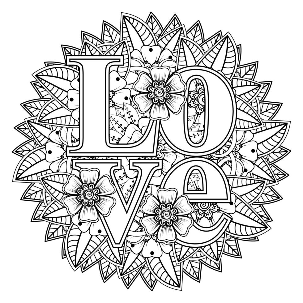 palabras de amor con flores mehndi para colorear página de libro doodle adorno vector