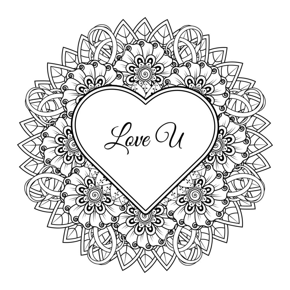 Mehndi flower with frame in shape of heart. decoration in ethnic oriental, doodle ornament. vector