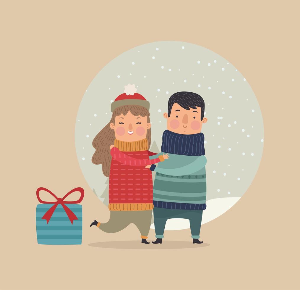 pareja y regalo en snowscape vector