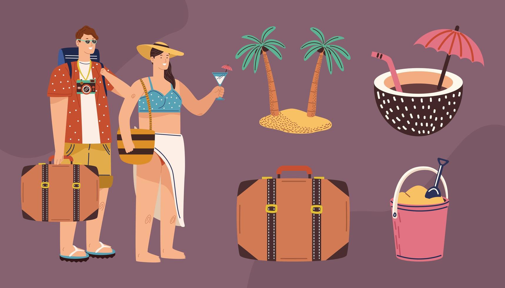 couple tourists and travel icons vector