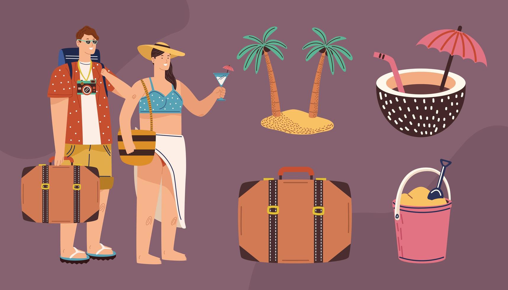 pareja de turistas e íconos de viaje vector