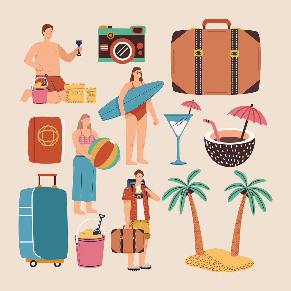 cuatro turistas de vacaciones de verano vector