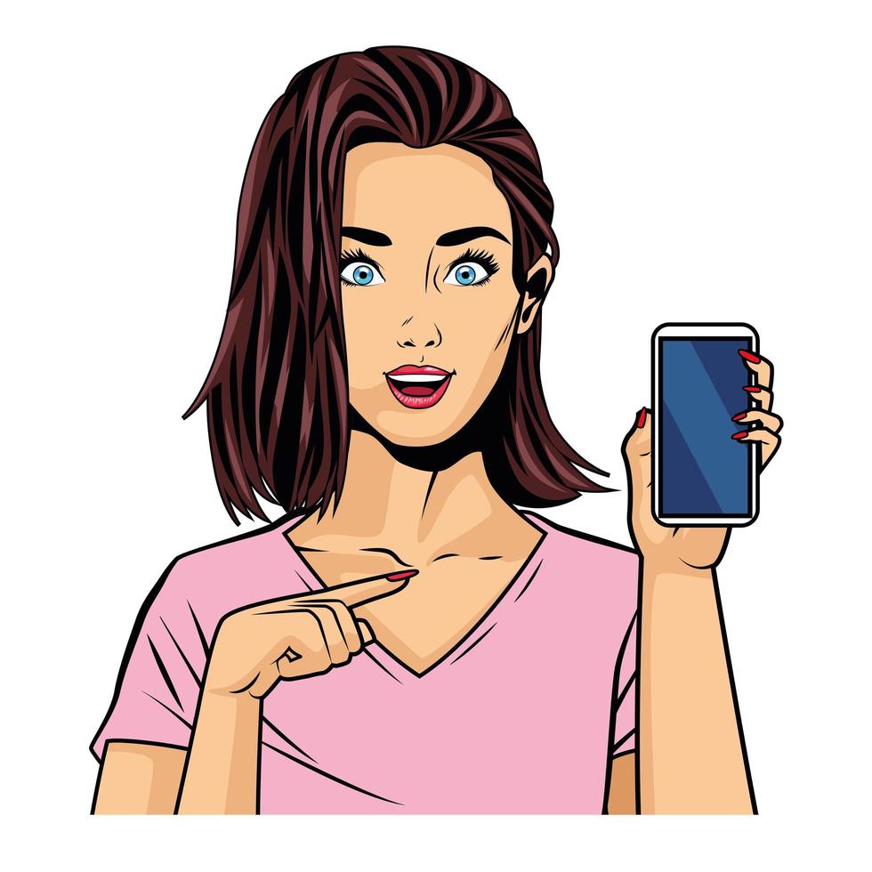 woman with smartphone pop art vector