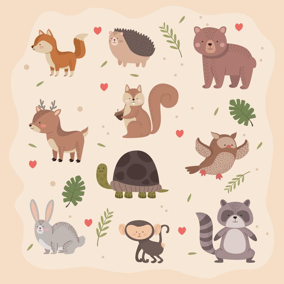 diez lindos iconos de animales vector