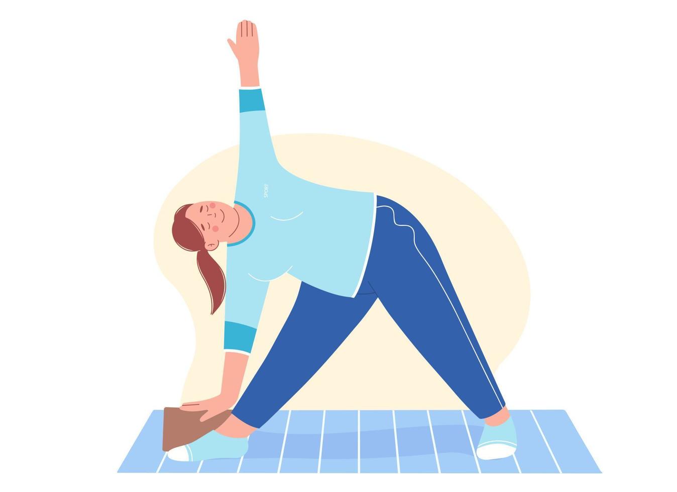 Clases de gimnasia aeróbica y yoga. mujer joven con sobrepeso se encuentra en pose de triángulo trikonasana. vector