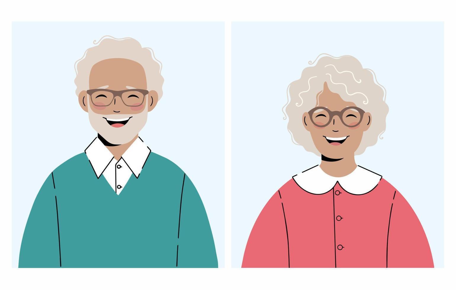 conjunto de ilustraciones anciana y anciano con gafas. ideal para avatares. vector