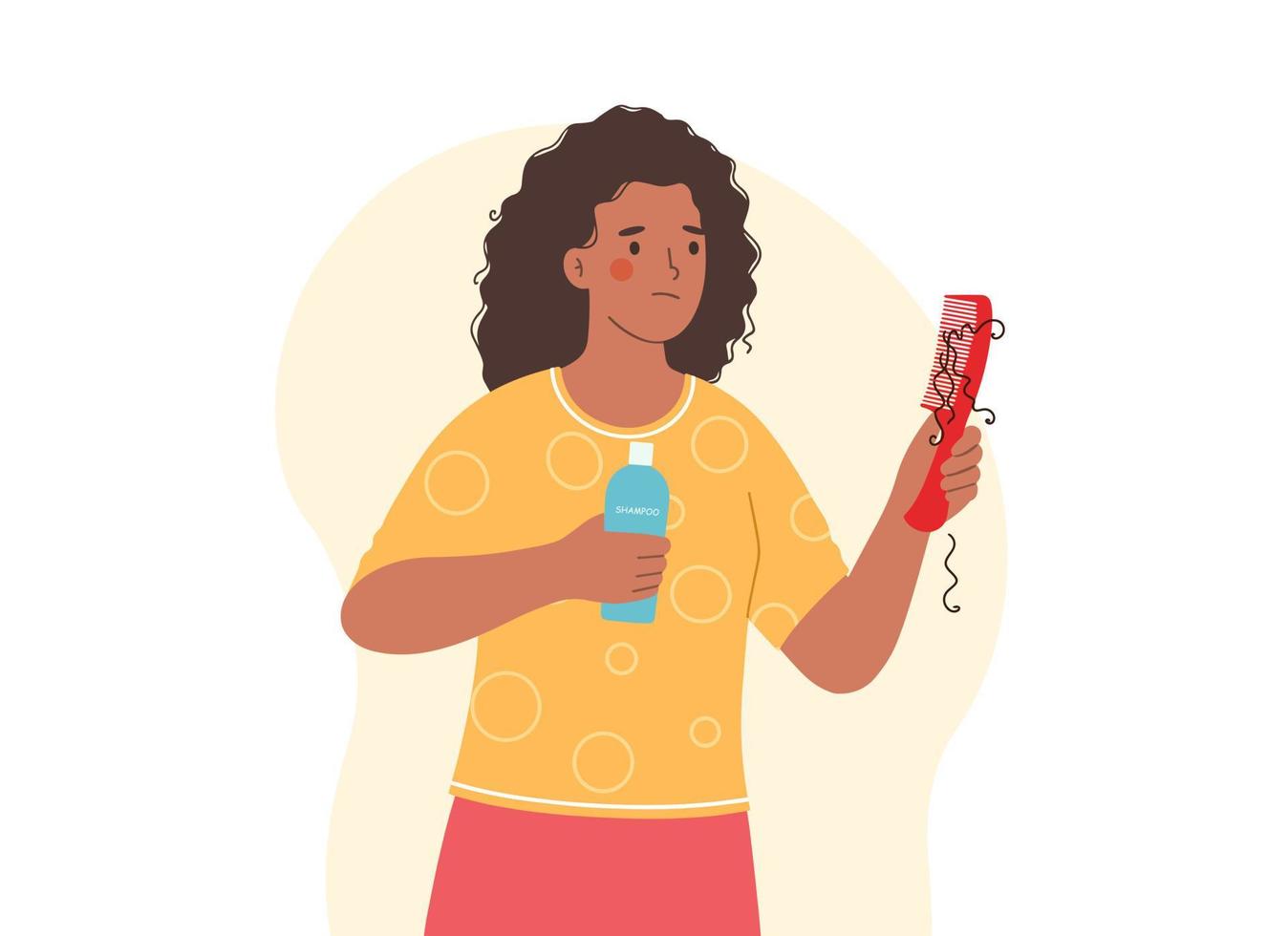 Dark-haired girl combs her hair after washing, she is upset because of hair  loss. In her hands she has comb and shampoo. 5406751 Vector Art at Vecteezy