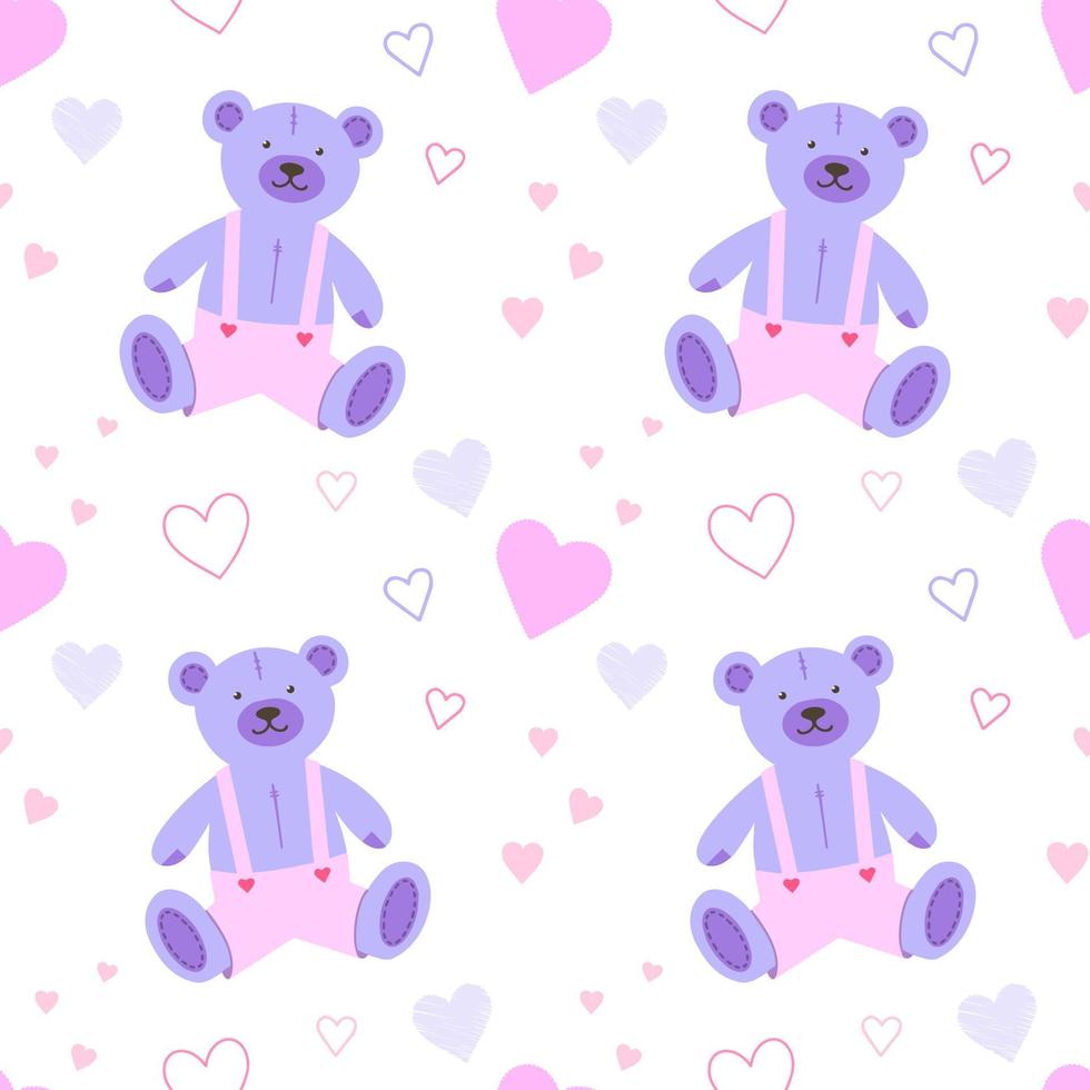 Corazones de patrón rosa-púrpura transparente y oso de peluche sobre fondo blanco. vector