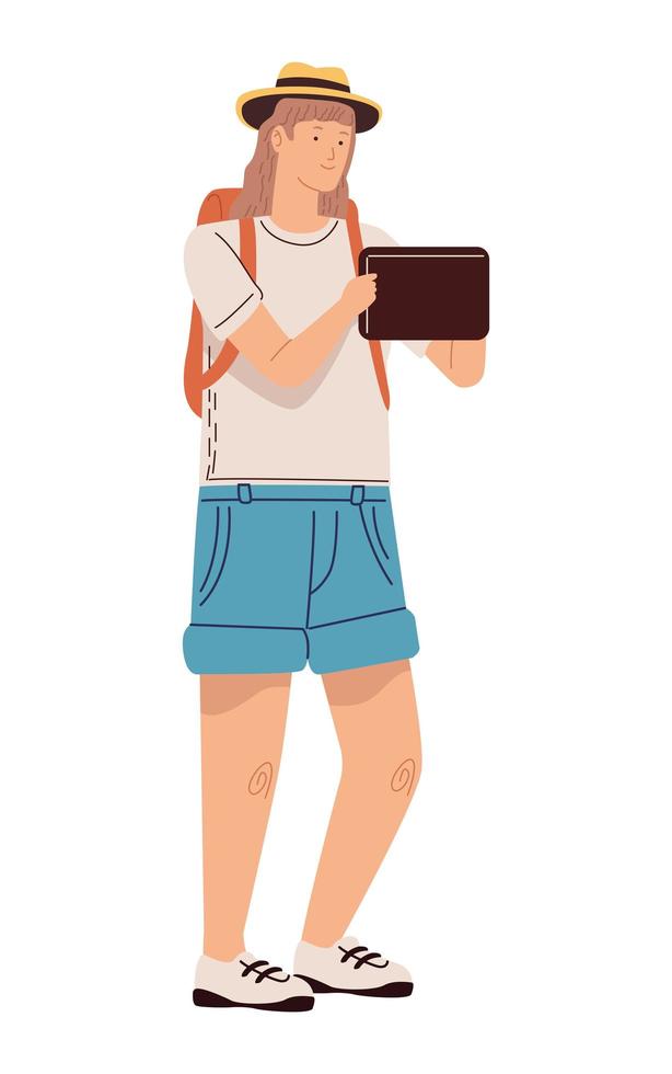 female traveler wearing tablet vector