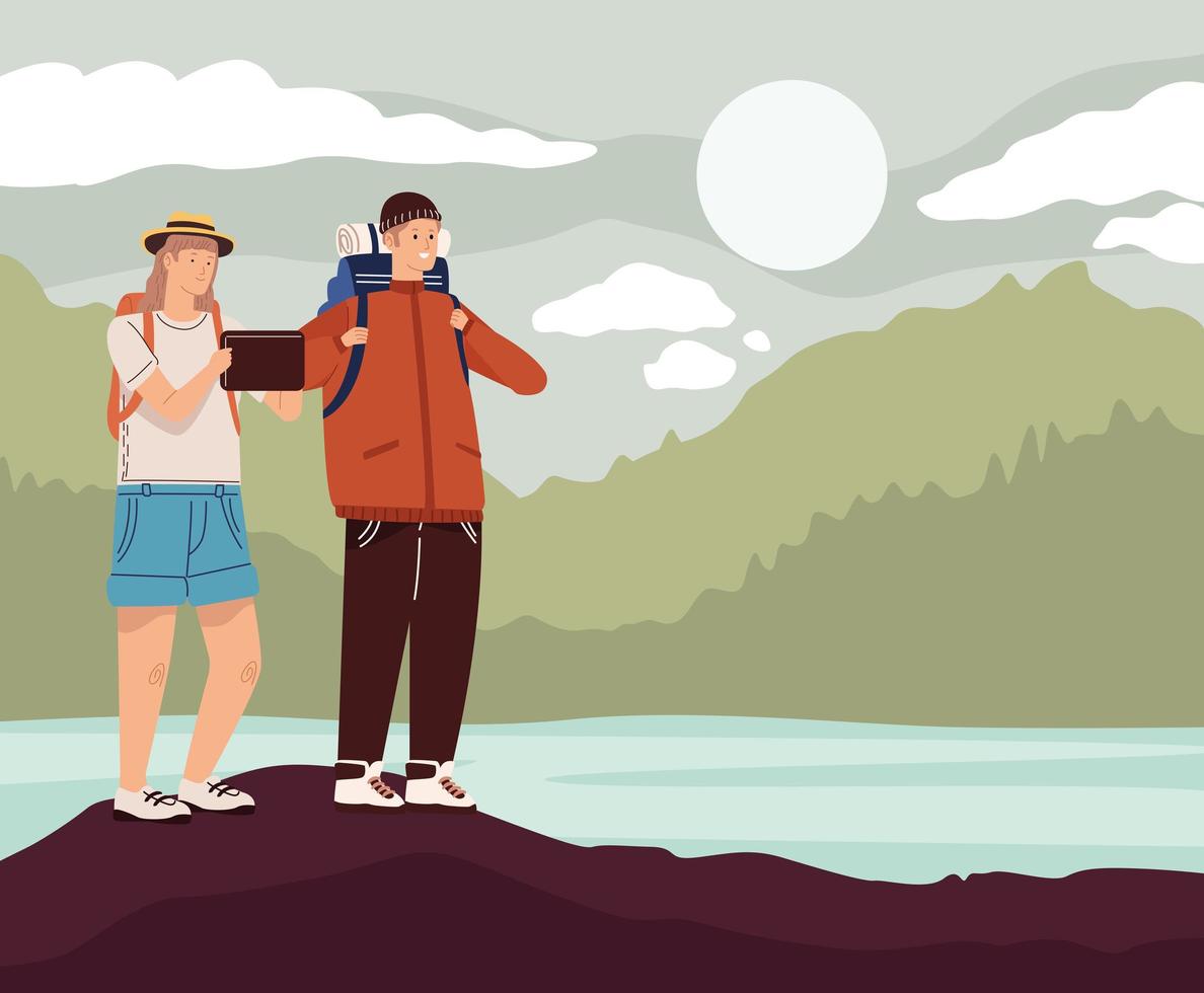 couple travelers in lake vector