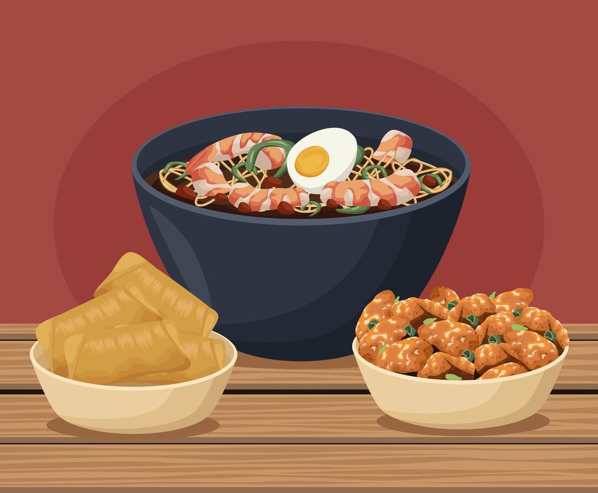 three chinese food in table vector