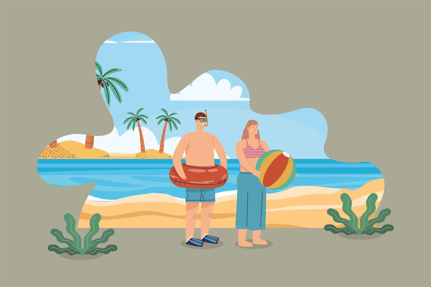 paisaje marino con pareja de turistas vector