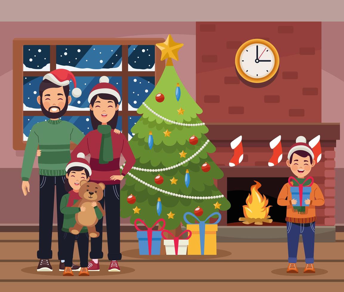 family christmas in fireplace vector