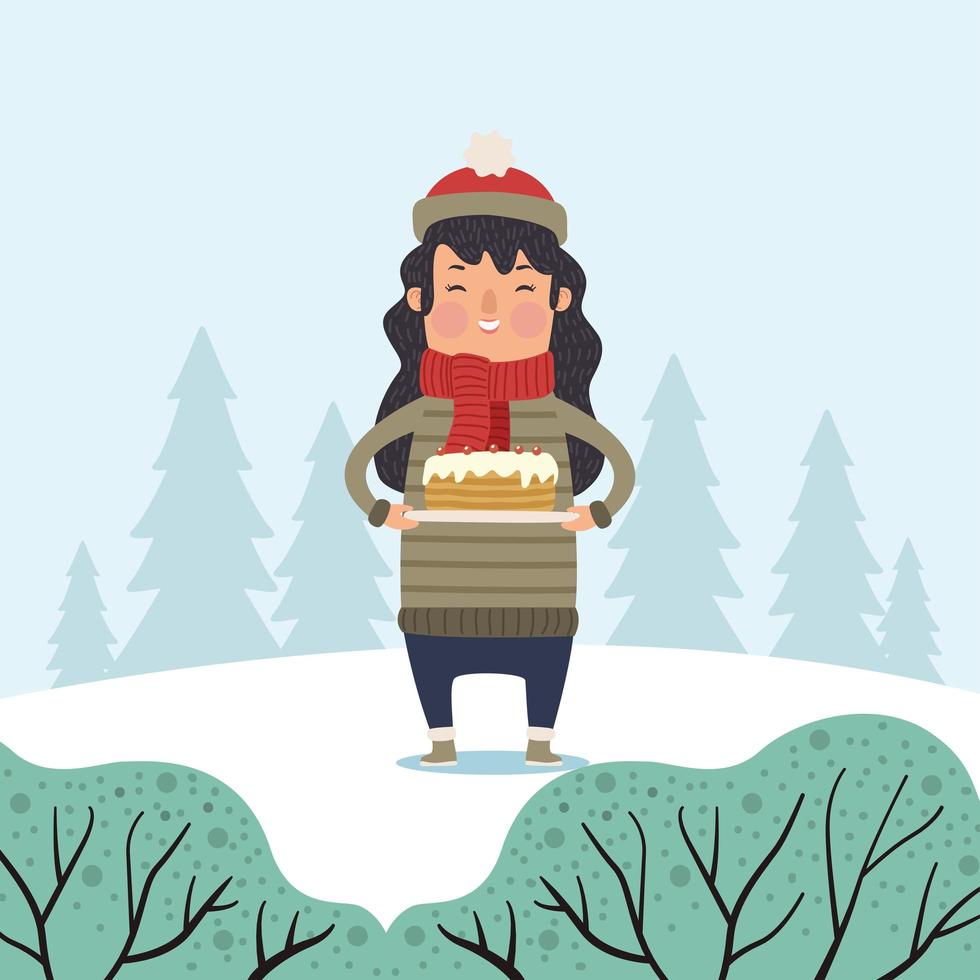 woman with cake in snowscape vector