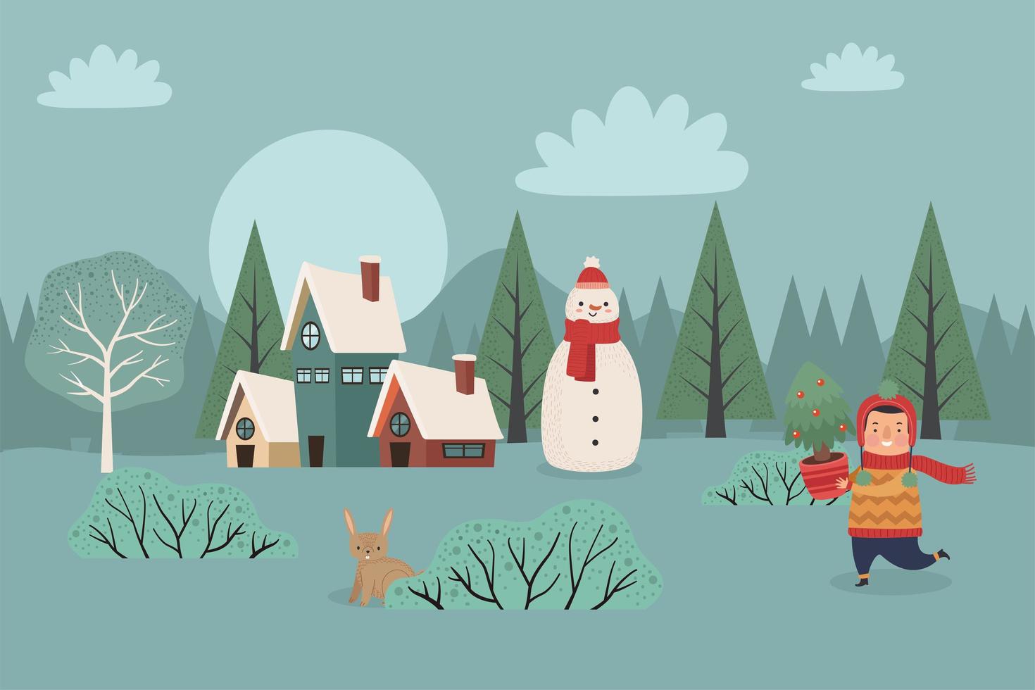 boy and snowman in snowscape vector