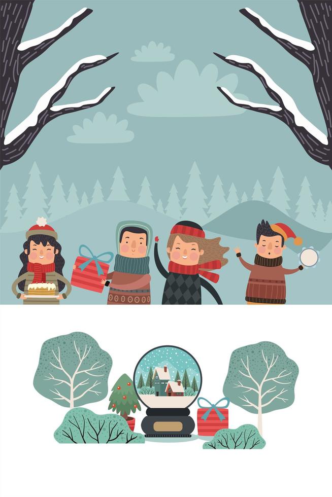 family in snowscape and souvenir vector