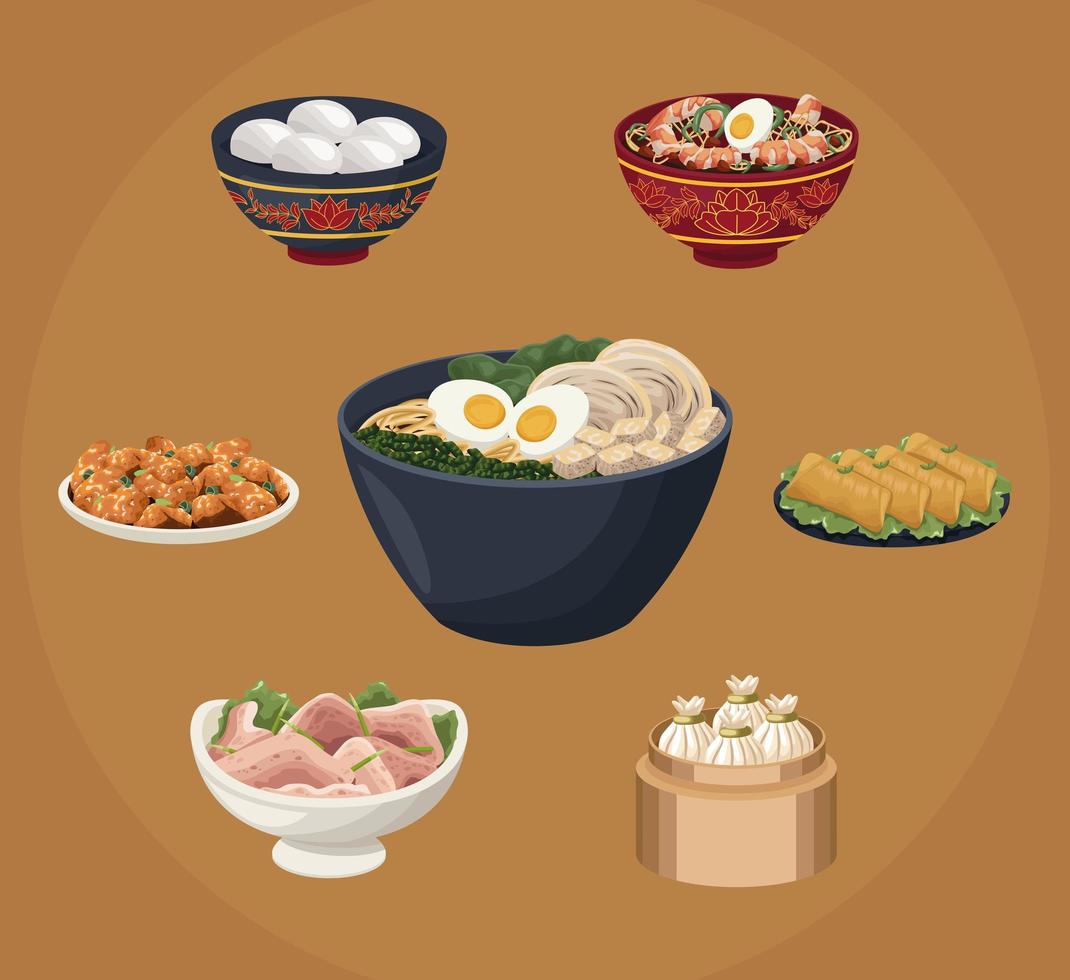 seven chinese food dishes vector