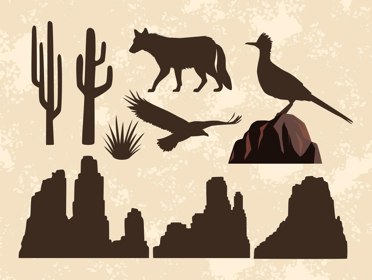 diez animales y siluetas de paisajes vector