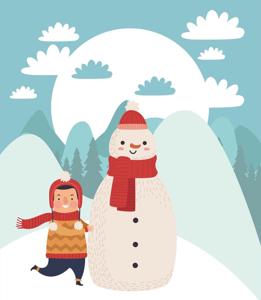 boy and snowman characters vector