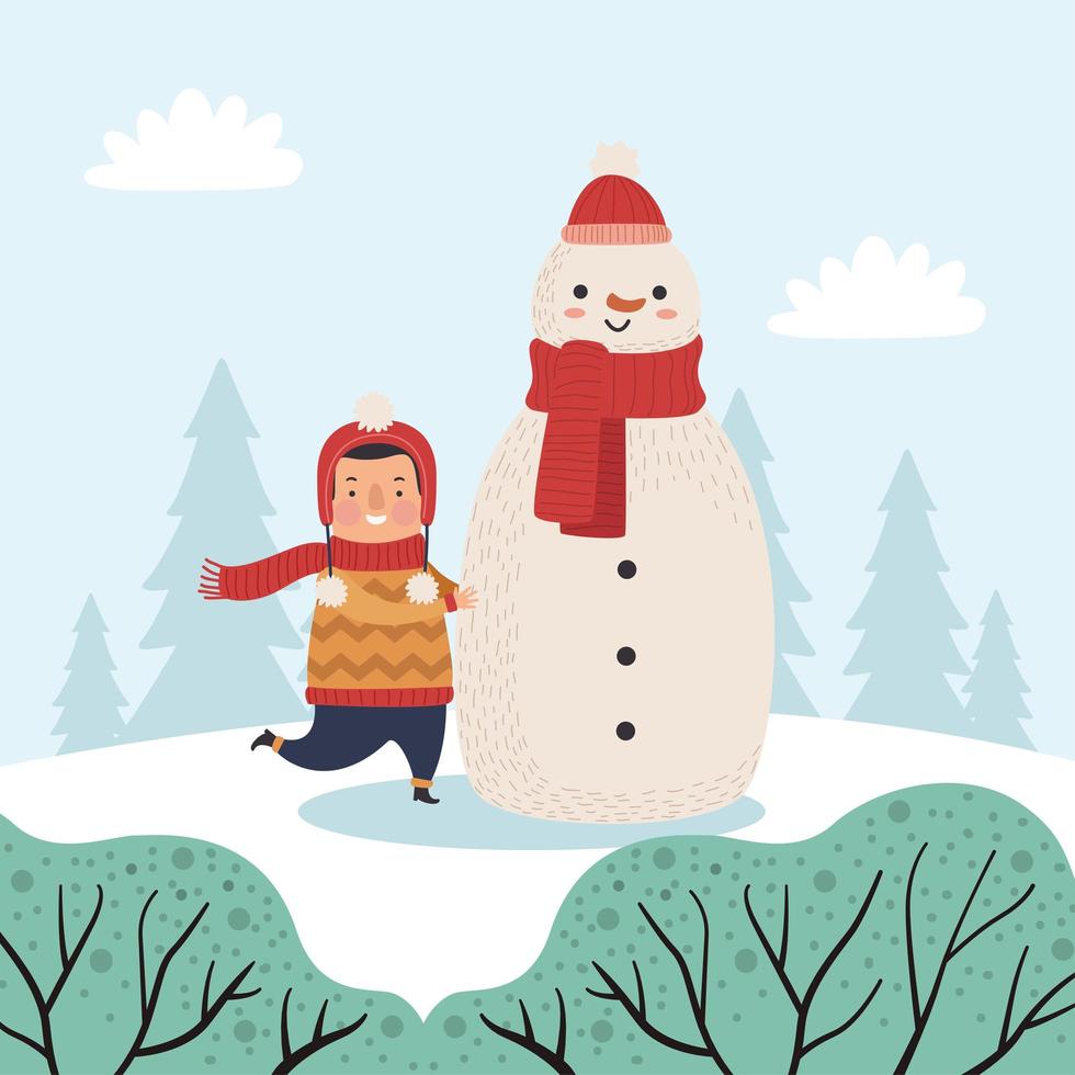 escena de niño y muñeco de nieve vector