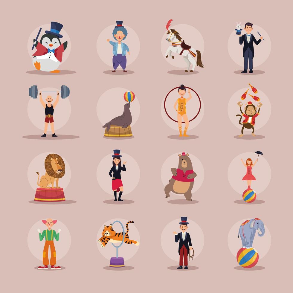 dieciséis personajes de espectáculos de circo vector