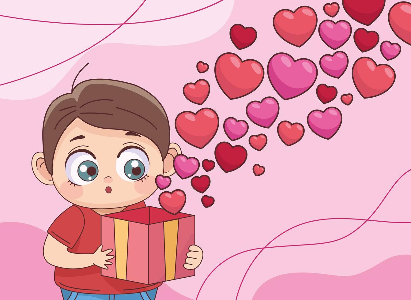 niño con regalo de corazones vector