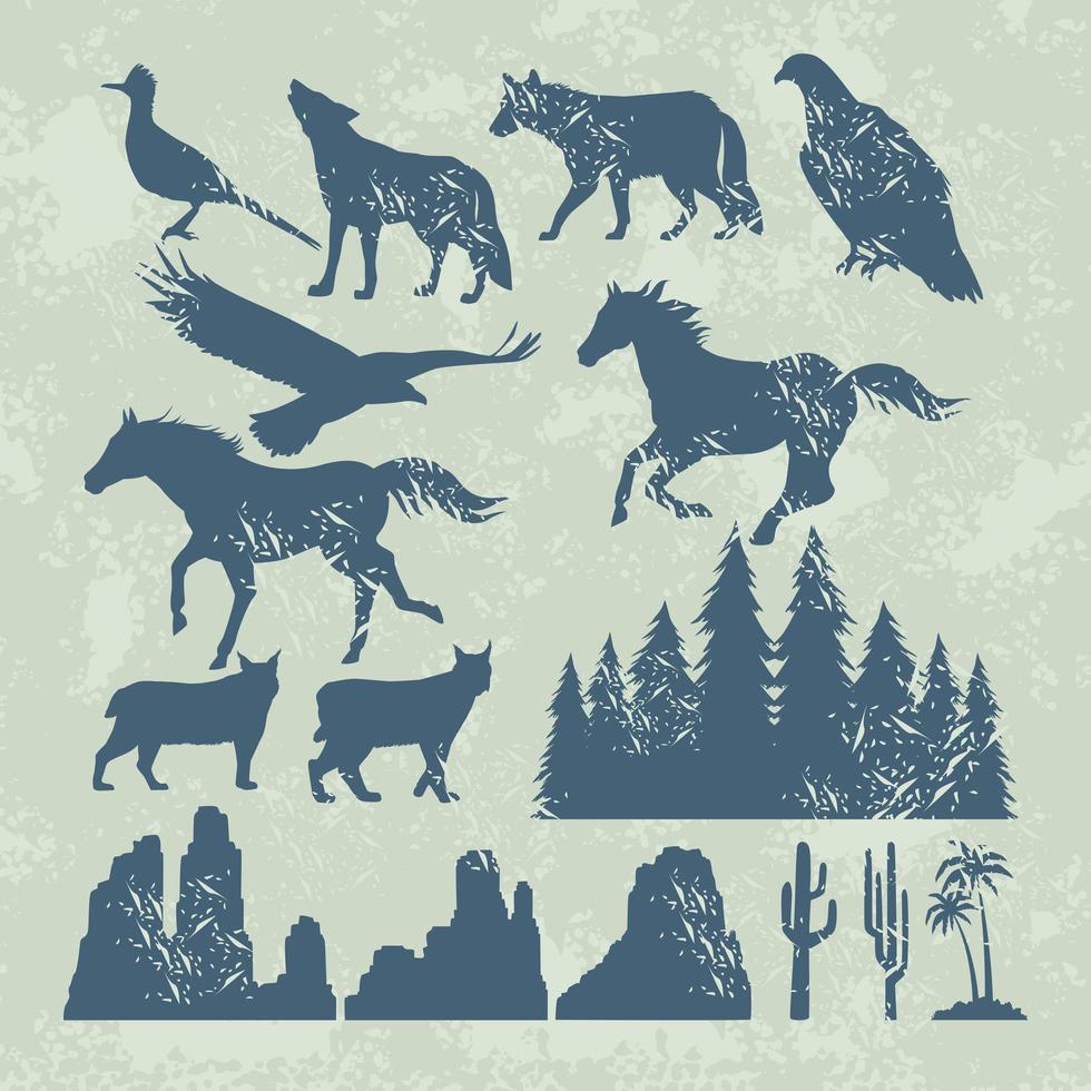 sixteen animals and landscape silhouettes vector